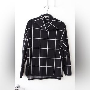 Black and White Grid Print Cowl Neck Sweater